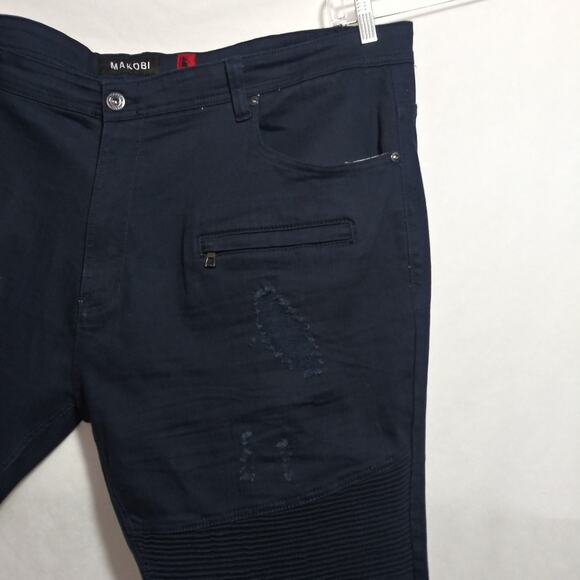 Makobi Prado Biker Jeans with Rip & Repair - Navy M 1786 Size 50X27 - Picture 4 of 9